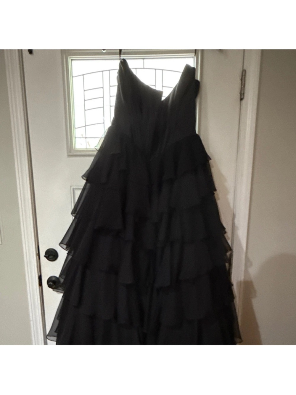 Sherri Hill Black Strapless Tiered Ruffle Gown